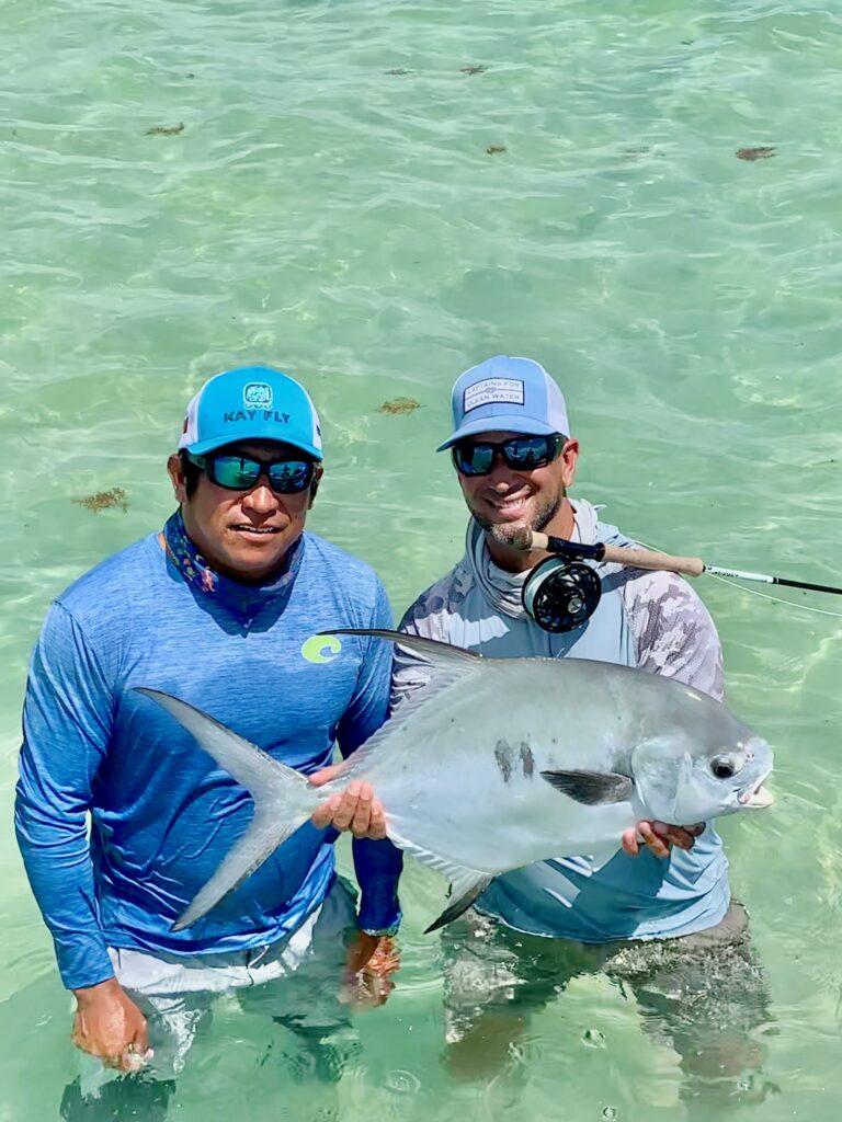 Fly fishermen caught a permit inshore fly fishing in Ascension Bay, Mexico.