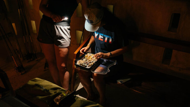 Two people choosing their flies in the morning darkness.