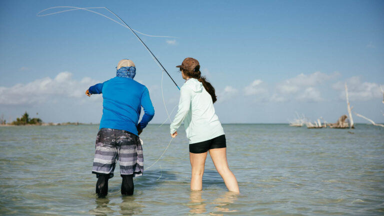 Two people inshore fly fishing in Ascension Bay, Mexico.