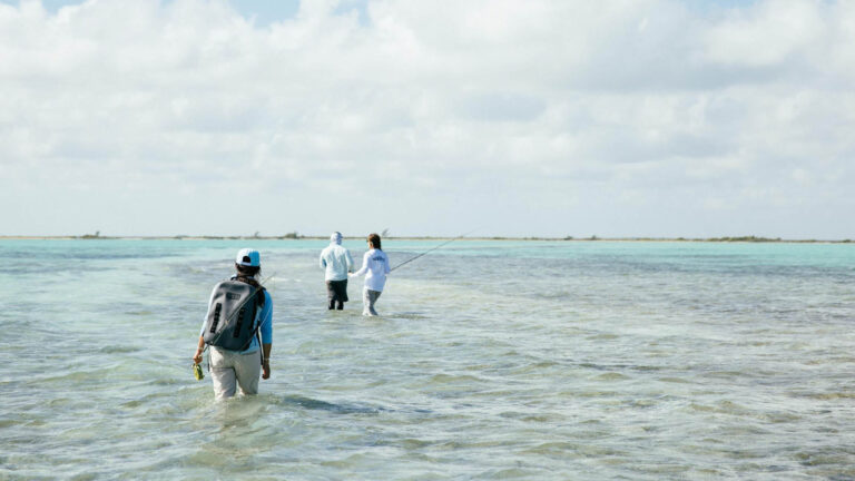 Three people inshore fly fishing in Ascension Bay, Mexico.