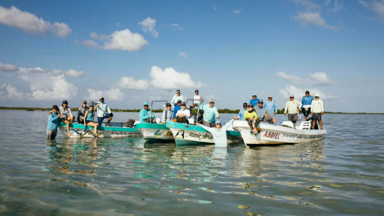 Four panagas in Ascension Bay with guests and fishing guides as passengers from Kay Fly Fishing Lodge.