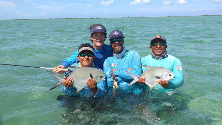 Two inshore fly fishermen catch permits in Ascension Bay, Mexico.