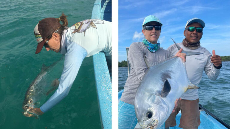 A fly fishermen catches a tarpon and a permit in Ascension Bay, Mexico.