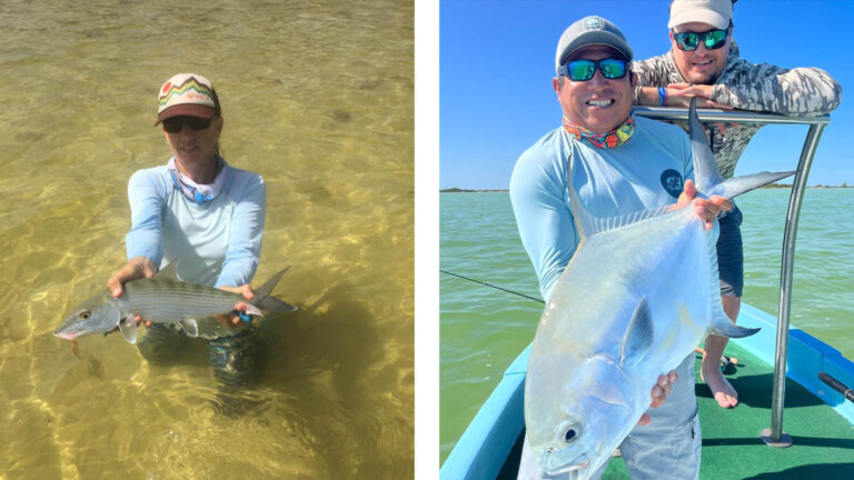 Fly fishermen catch a bonefish and a permit in Ascension Bay, Mexico.